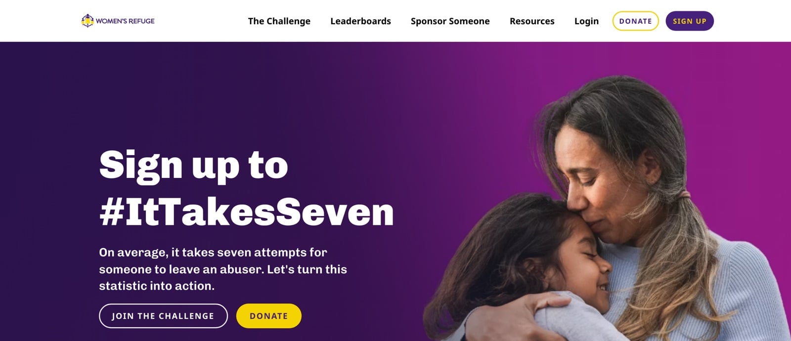 The It Takes Seven campaign site homepage, with Join the Challenge and Donate calls to action